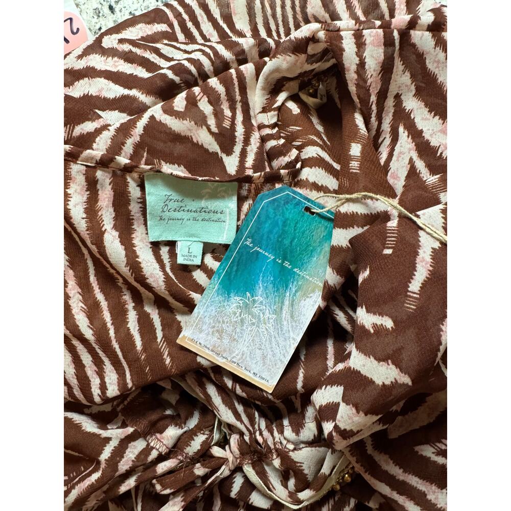 True Destinations Dress L Women's Brown Zebra Print Tassel Cover Up Large NWT - Picture 4 of 5
